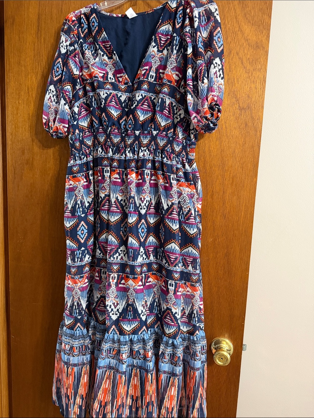 Old Navy Navy Multi Geometric V-Neck Tiered Maxi Dress